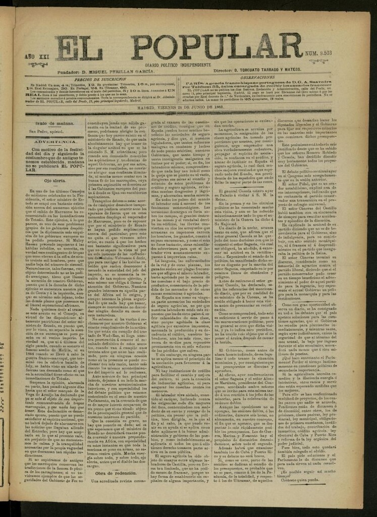 Miniatura de El Popular: diario independiente, político, literario y de noticias de interés general del 28 de junio de 1889, nº 9503