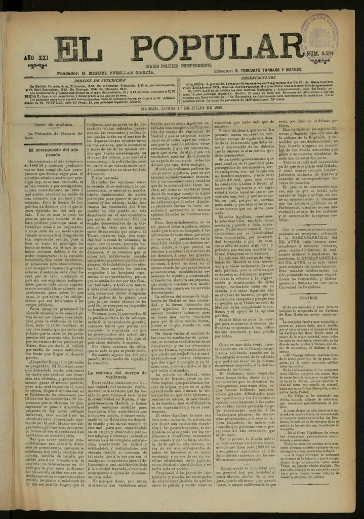 Miniatura de El Popular: diario independiente, político, literario y de noticias de interés general del 1 de julio de 1889, nº 9504