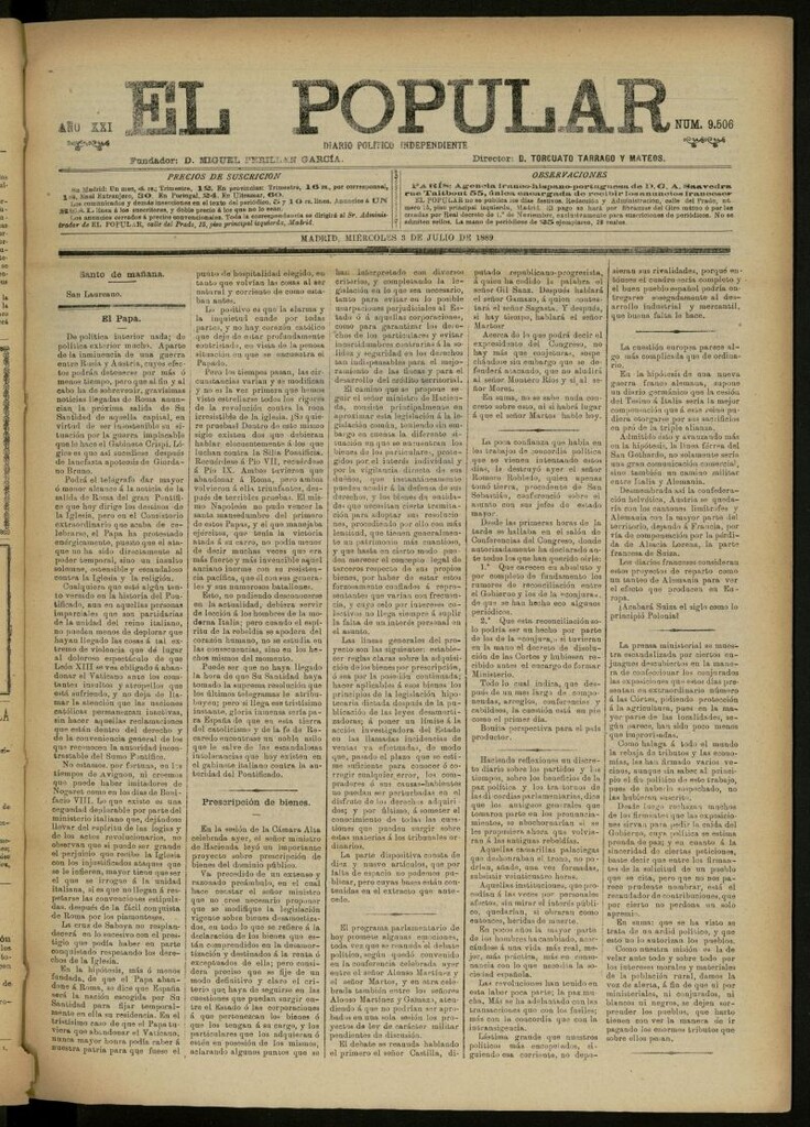 Miniatura de El Popular: diario independiente, político, literario y de noticias de interés general del 3 de julio de 1889, nº 9506