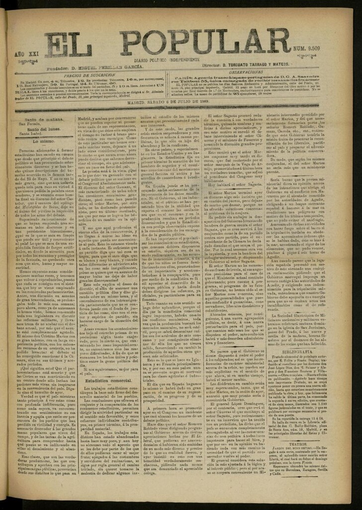 Miniatura de El Popular: diario independiente, político, literario y de noticias de interés general del 6 de julio de 1889, nº 9509