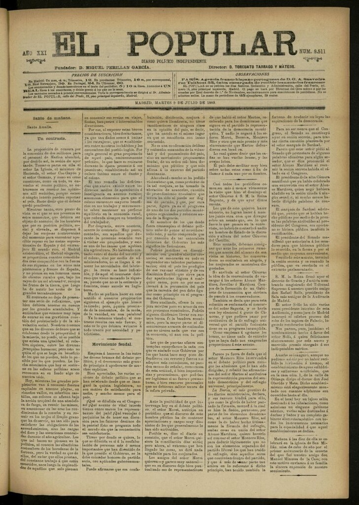Miniatura de El Popular: diario independiente, político, literario y de noticias de interés general del 9 de julio de 1889, nº 9511