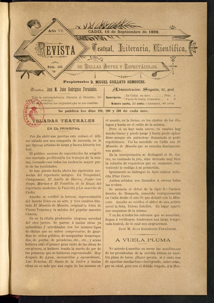 Miniatura de Revista Teatral, Literaria, Científica, de Bellas Artes y Espectáculos. Nº 245