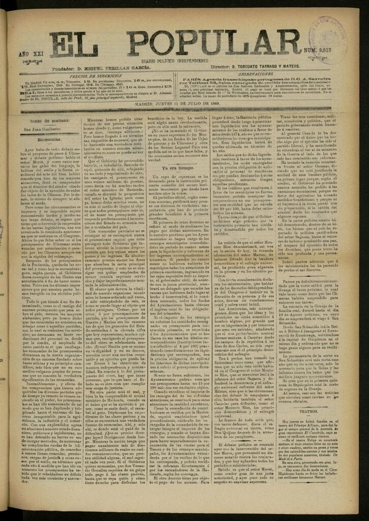 Miniatura de El Popular: diario independiente, político, literario y de noticias de interés general del 11 de julio de 1889, nº 9513