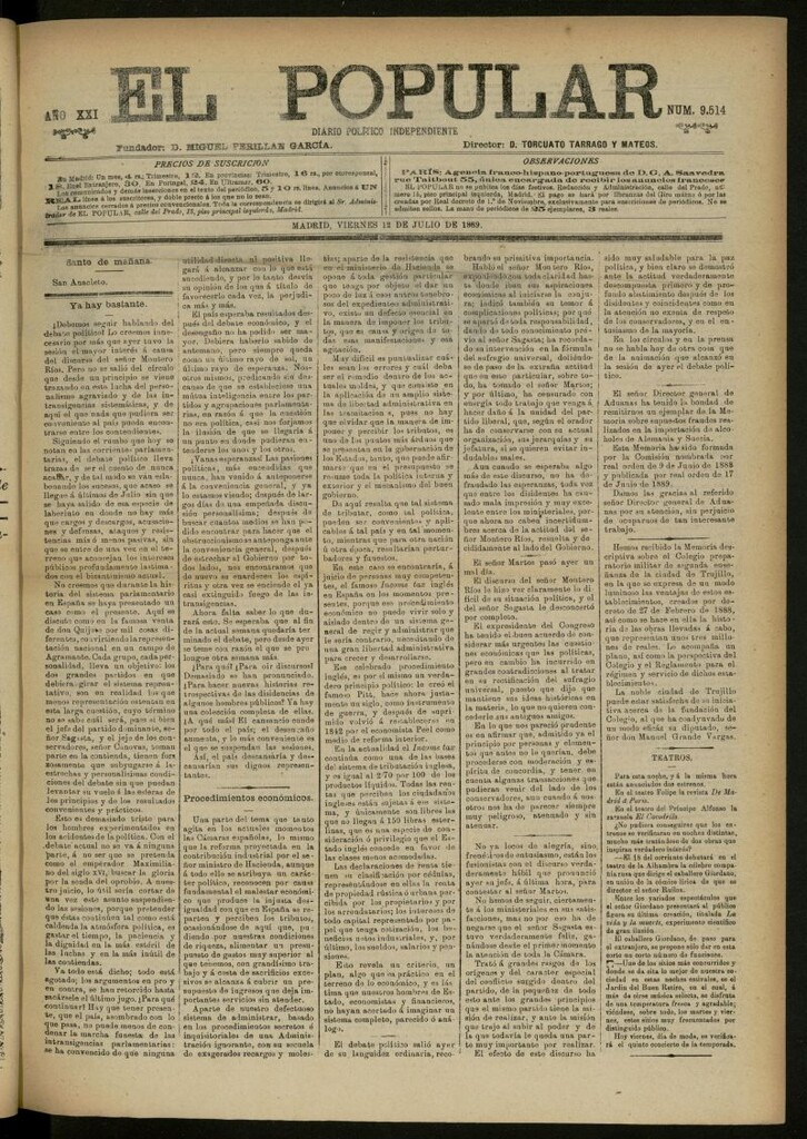 Miniatura de El Popular: diario independiente, político, literario y de noticias de interés general del 12 de julio de 1889, nº 9514