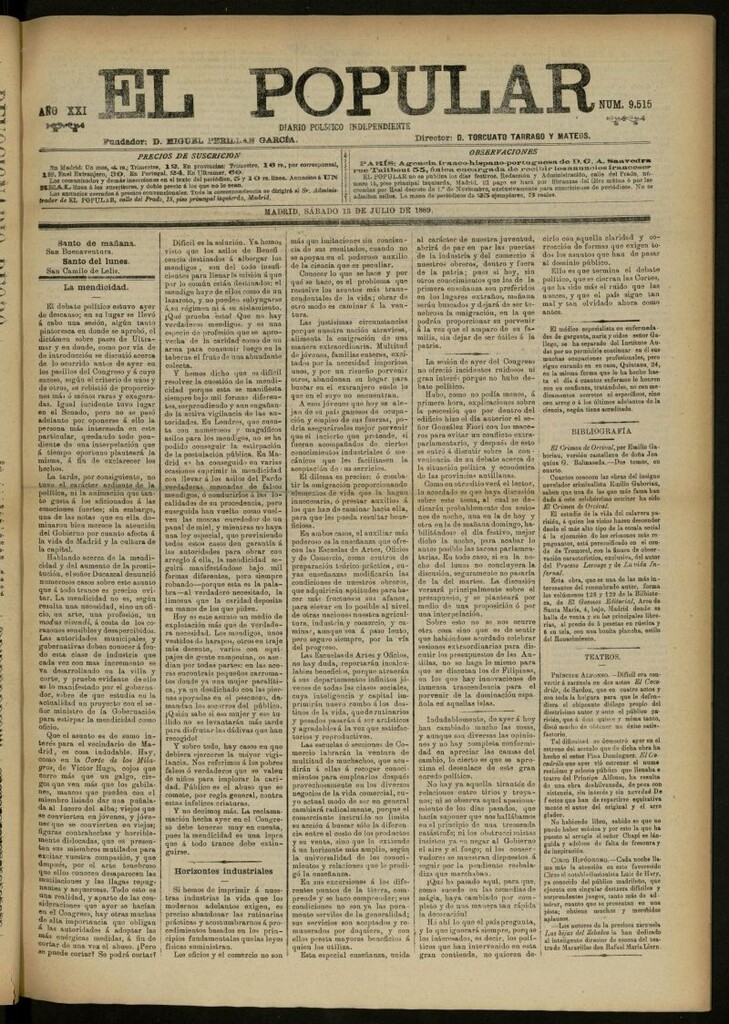Miniatura de El Popular: diario independiente, político, literario y de noticias de interés general del 13 de julio de 1889, nº 9515