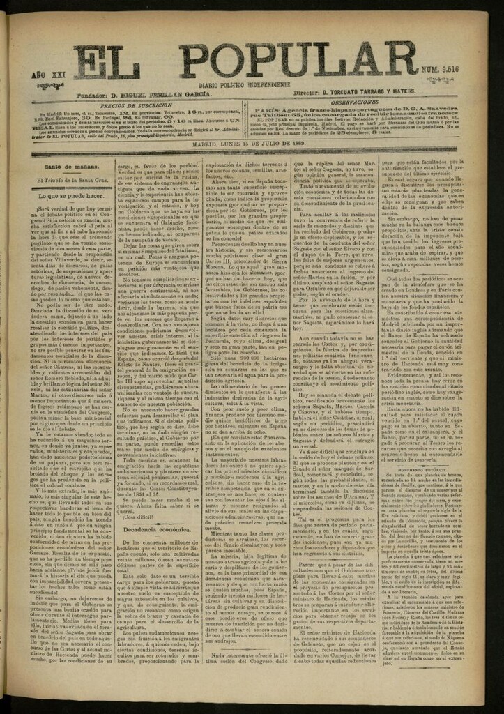 Miniatura de El Popular: diario independiente, político, literario y de noticias de interés general del 15 de julio de 1889, nº 9516