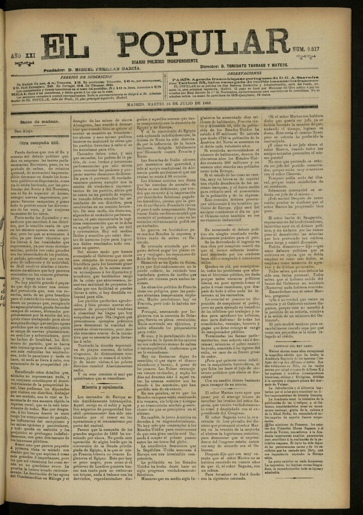 Miniatura de El Popular: diario independiente, político, literario y de noticias de interés general del 16 de julio de 1889, nº 9517