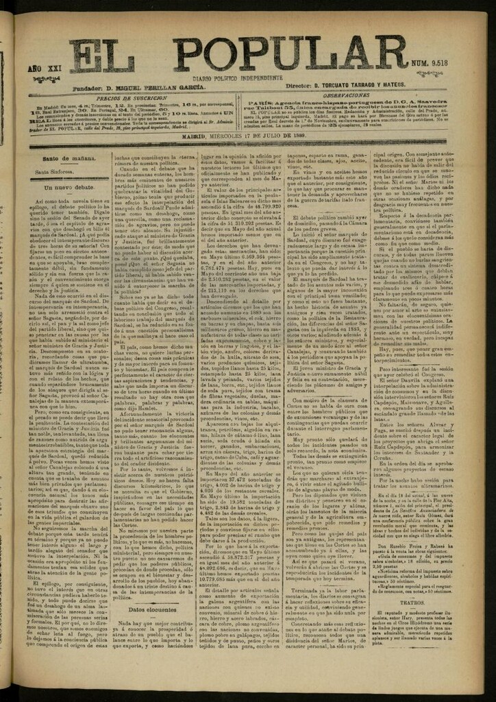 Miniatura de El Popular: diario independiente, político, literario y de noticias de interés general del 17 de julio de 1889, nº 9518