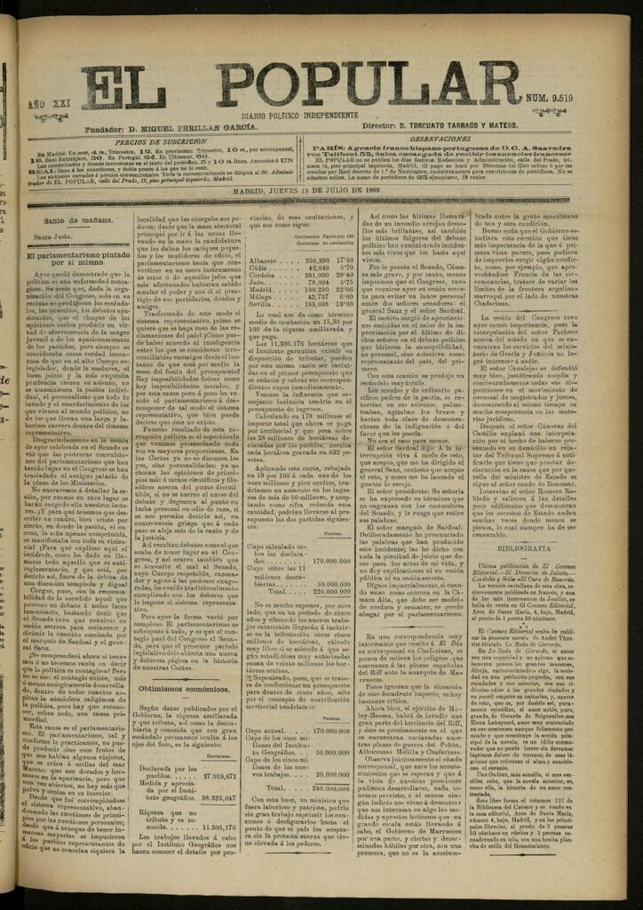 Miniatura de El Popular: diario independiente, político, literario y de noticias de interés general del 18 de julio de 1889, nº 9519