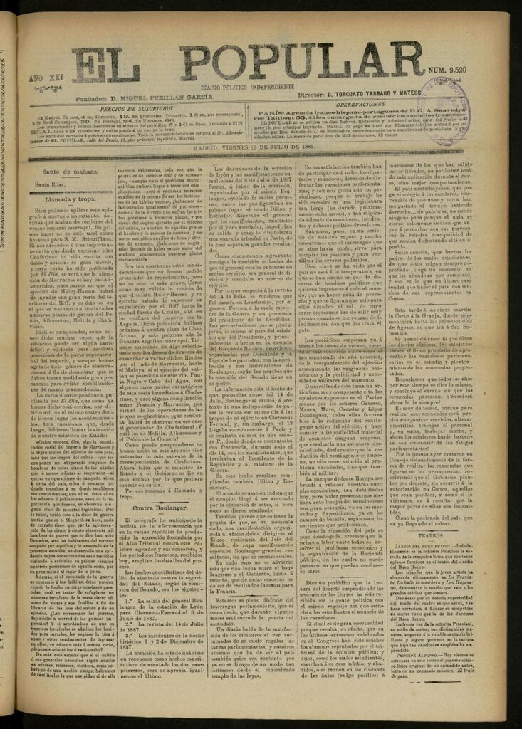 Miniatura de El Popular: diario independiente, político, literario y de noticias de interés general del 19 de julio de 1889, nº 9520