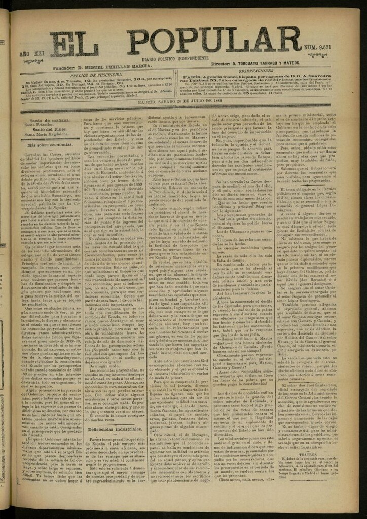 Miniatura de El Popular: diario independiente, político, literario y de noticias de interés general del 20 de julio de 1889, nº 9521