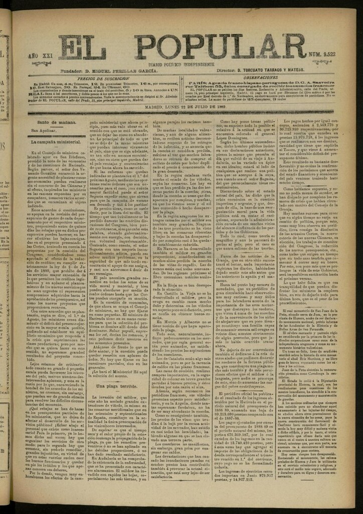 Miniatura de El Popular: diario independiente, político, literario y de noticias de interés general del 22 de julio de 1889, nº 9522