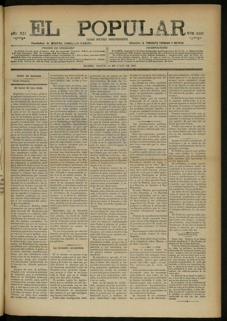 Miniatura de El Popular: diario independiente, político, literario y de noticias de interés general del 23 de julio de 1889, nº 9523