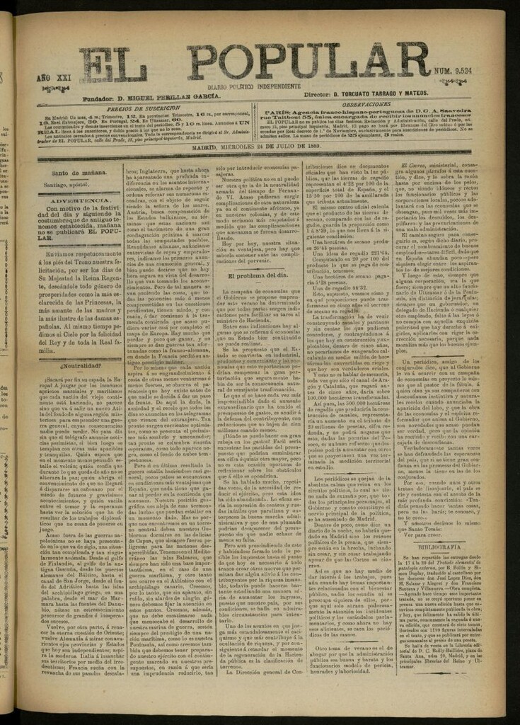 Miniatura de El Popular: diario independiente, político, literario y de noticias de interés general del 24 de julio de 1889, nº 9524