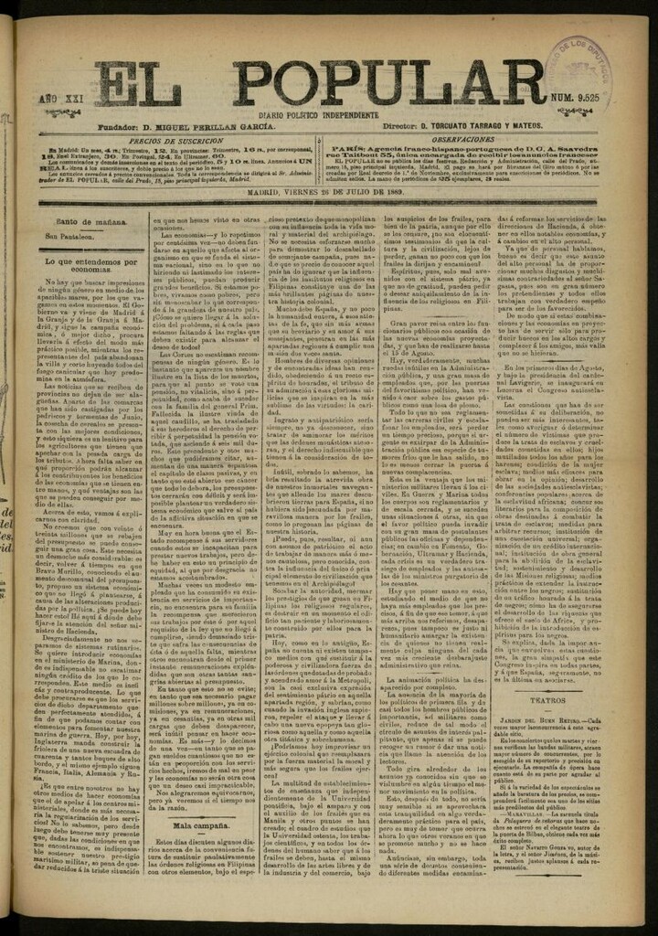 Miniatura de El Popular: diario independiente, político, literario y de noticias de interés general del 26 de julio de 1889, nº 9525