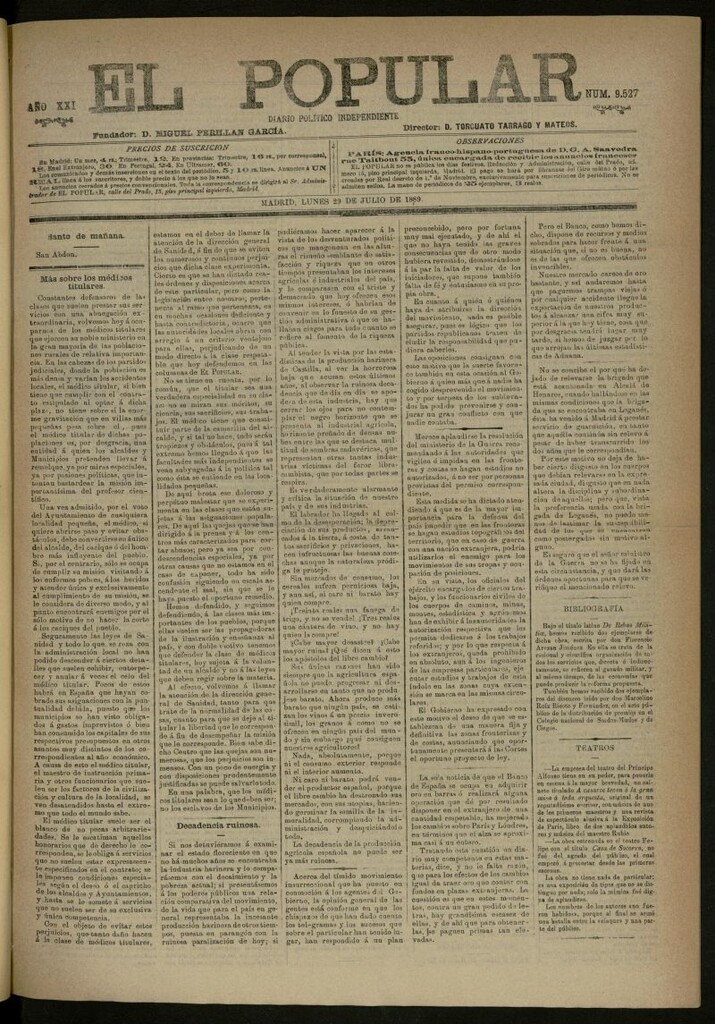 Miniatura de El Popular: diario independiente, político, literario y de noticias de interés general del 29 de julio de 1889, nº 9527