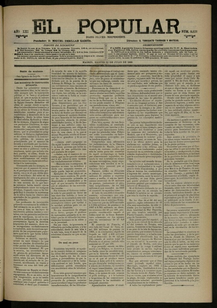 Miniatura de El Popular: diario independiente, político, literario y de noticias de interés general del 30 de julio de 1889, nº 9528