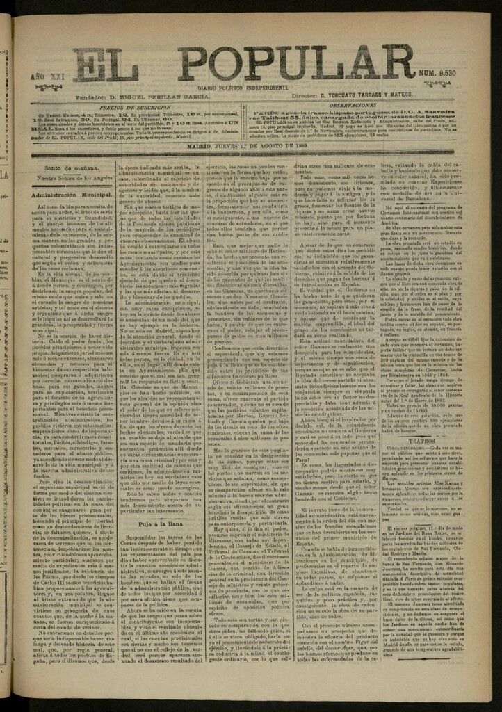 Miniatura de El Popular: diario independiente, político, literario y de noticias de interés general del 1 de agosto de 1889, nº 9530