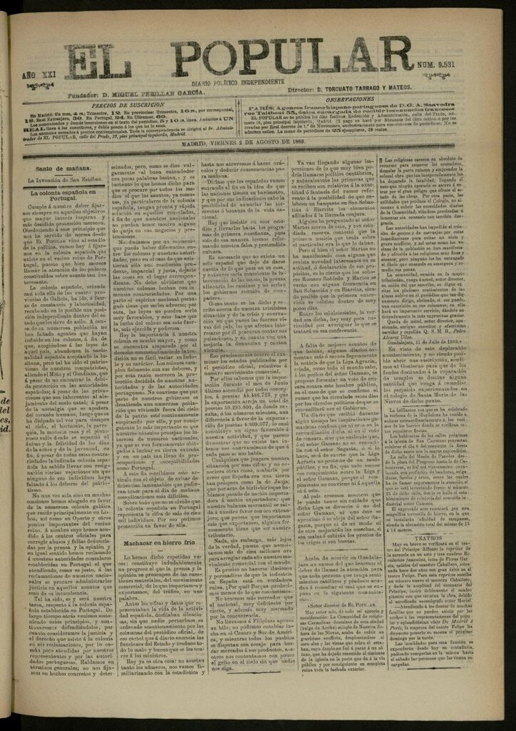 Miniatura de El Popular: diario independiente, político, literario y de noticias de interés general del 2 de agosto de 1889, nº 9531
