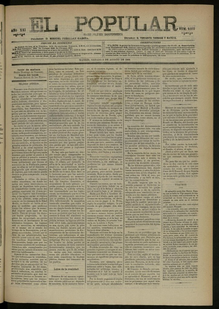 Miniatura de El Popular: diario independiente, político, literario y de noticias de interés general del 3 de agosto de 1889, nº 9532