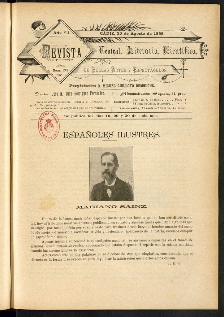 Miniatura de Revista Teatral, Literaria, Científica, de Bellas Artes y Espectáculos. Nº 243