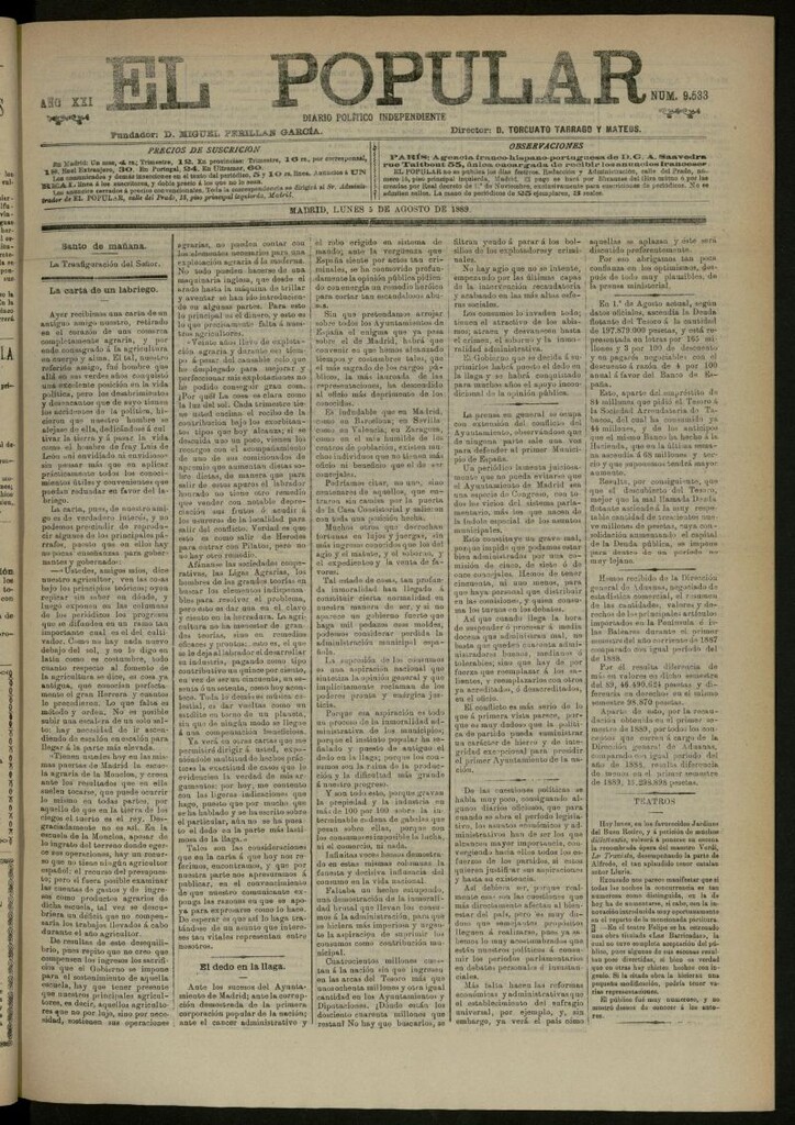 Miniatura de El Popular: diario independiente, político, literario y de noticias de interés general del 5 de agosto de 1889, nº 9533