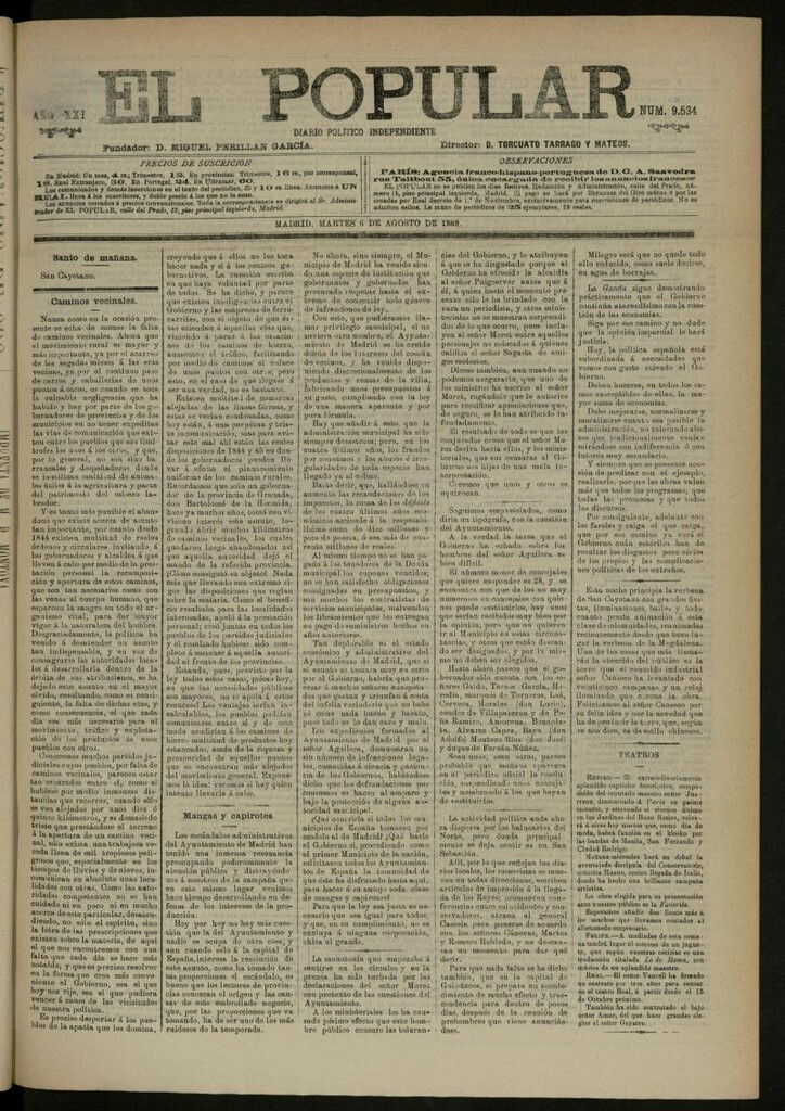 Miniatura de El Popular: diario independiente, político, literario y de noticias de interés general del 6 de agosto de 1889, nº 9534