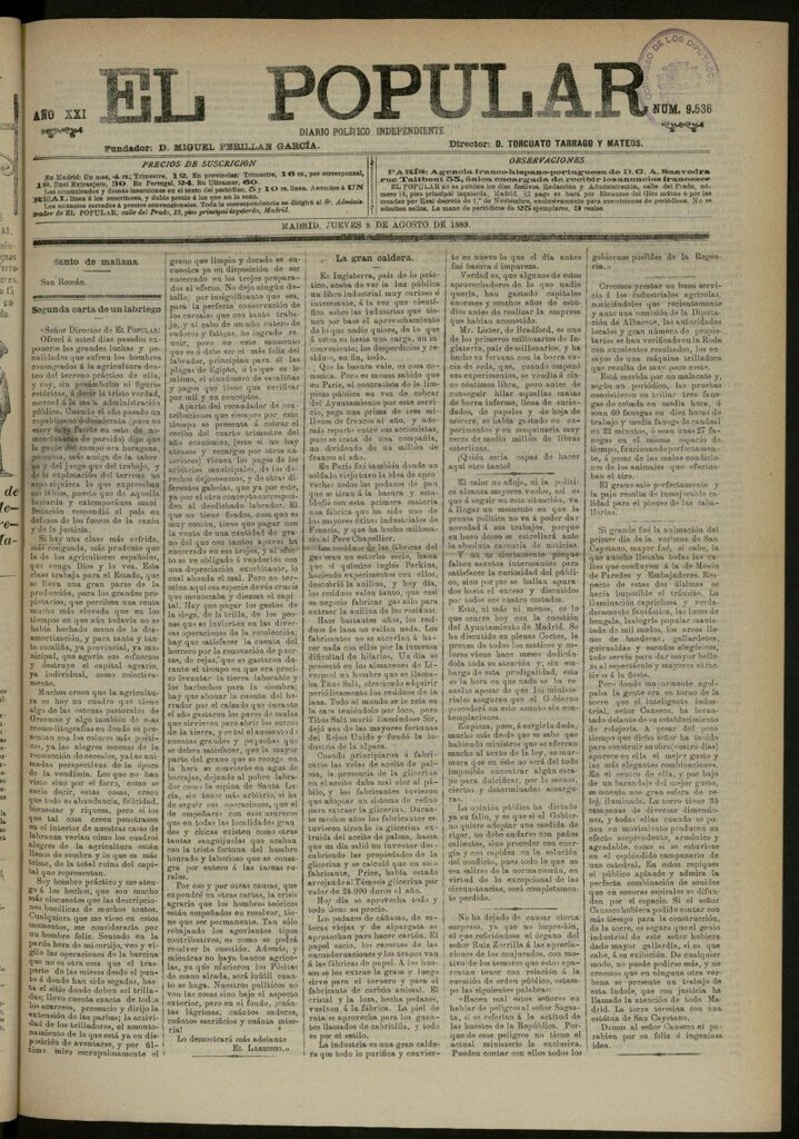 Miniatura de El Popular: diario independiente, político, literario y de noticias de interés general del 8 de agosto de 1889, nº 9536
