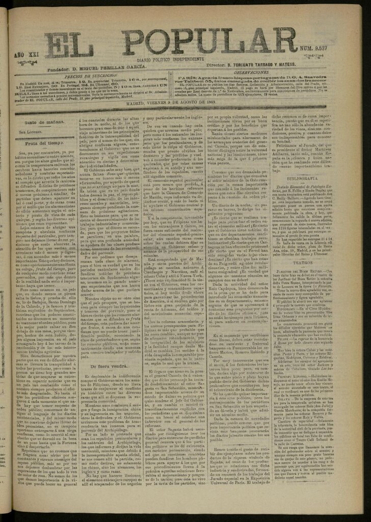 Miniatura de El Popular: diario independiente, político, literario y de noticias de interés general del 9 de agosto de 1889, nº 9537