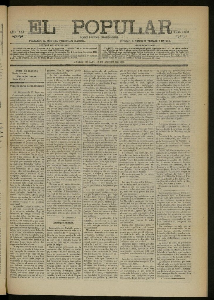 Miniatura de El Popular: diario independiente, político, literario y de noticias de interés general del 10 de agosto de 1889, nº 9538
