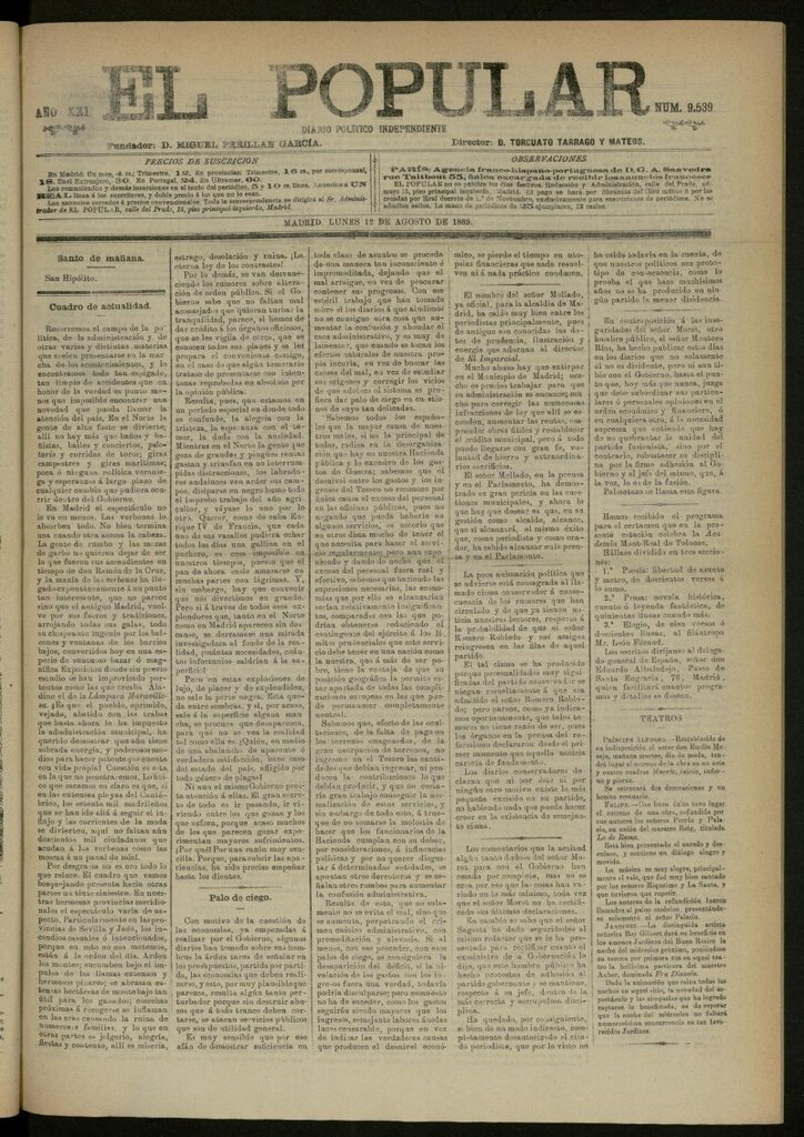 Miniatura de El Popular: diario independiente, político, literario y de noticias de interés general del 12 de agosto de 1889, nº 9539