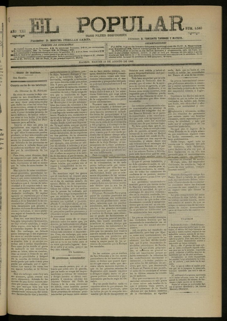 Miniatura de El Popular: diario independiente, político, literario y de noticias de interés general del 13 de agosto de 1889, nº 9540