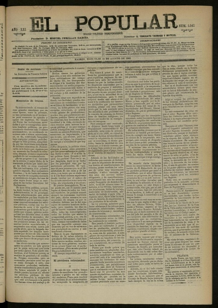 Miniatura de El Popular: diario independiente, político, literario y de noticias de interés general del 14 de agosto de 1889, nº 9541
