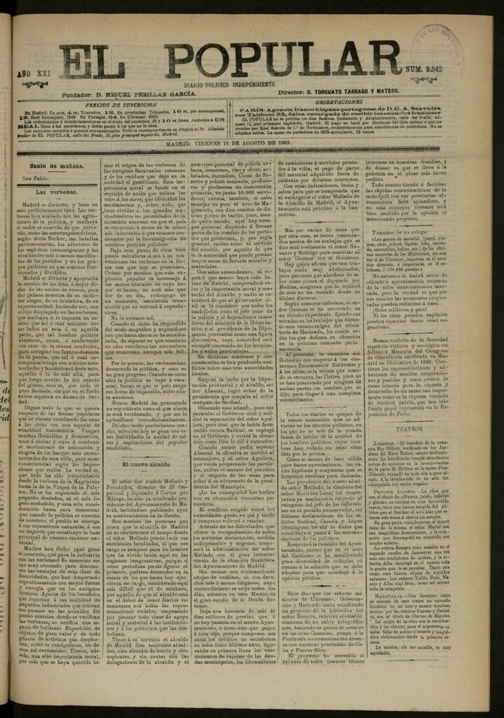 Miniatura de El Popular: diario independiente, político, literario y de noticias de interés general del 16 de agosto de 1889, nº 9542