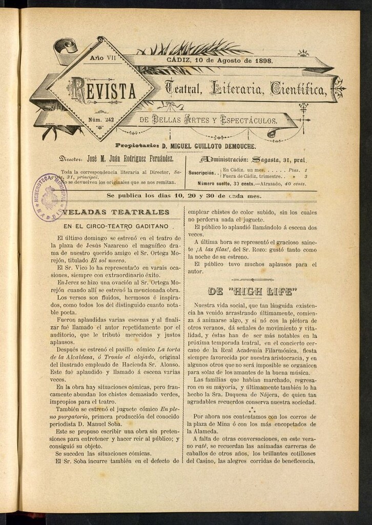 Miniatura de Revista Teatral, Literaria, Científica, de Bellas Artes y Espectáculos. Nº 242