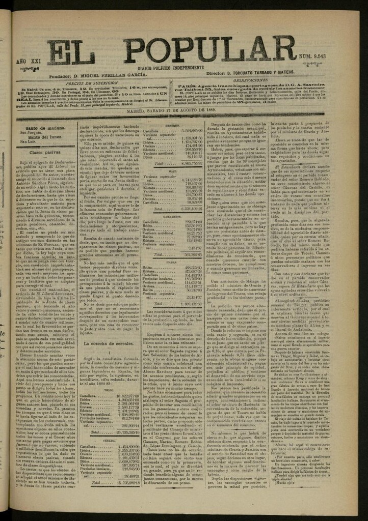 Miniatura de El Popular: diario independiente, político, literario y de noticias de interés general del 17 de agosto de 1889, nº 9543