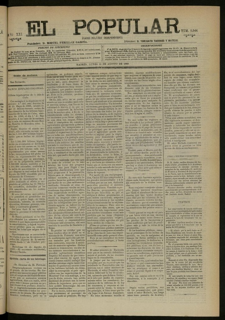 Miniatura de El Popular: diario independiente, político, literario y de noticias de interés general del 19 de agosto de 1889, nº 9544