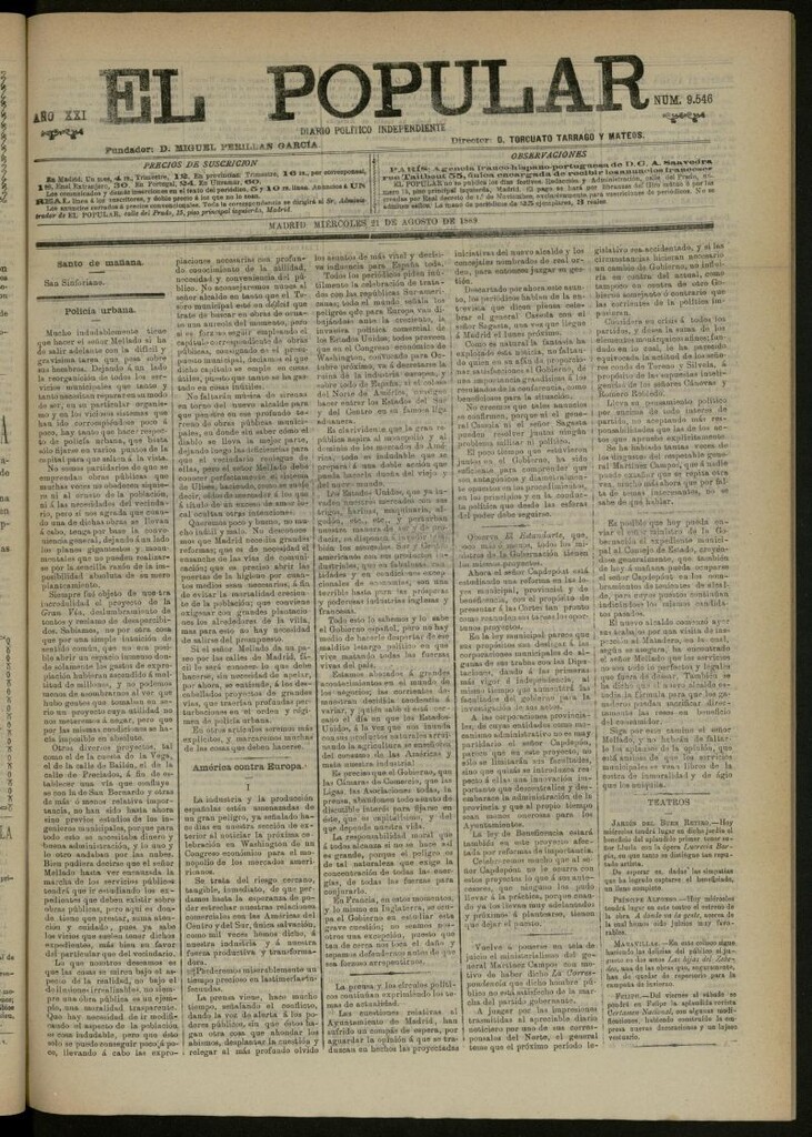 Miniatura de El Popular: diario independiente, político, literario y de noticias de interés general del 21 de agosto de 1889, nº 9546