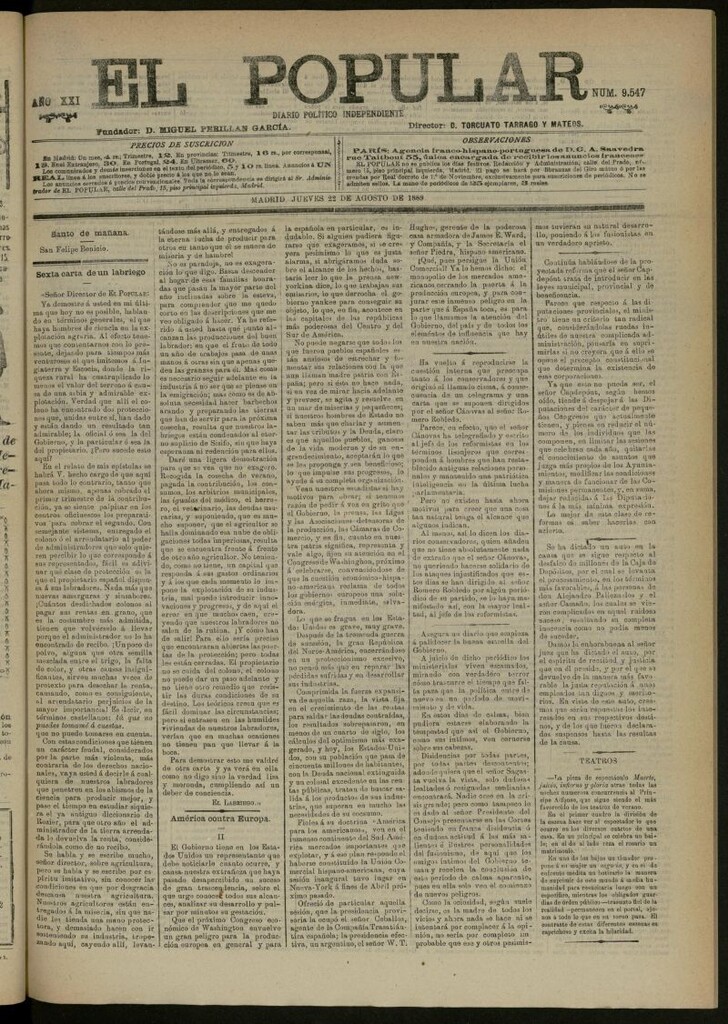 Miniatura de El Popular: diario independiente, político, literario y de noticias de interés general del 22 de agosto de 1889, nº 9547