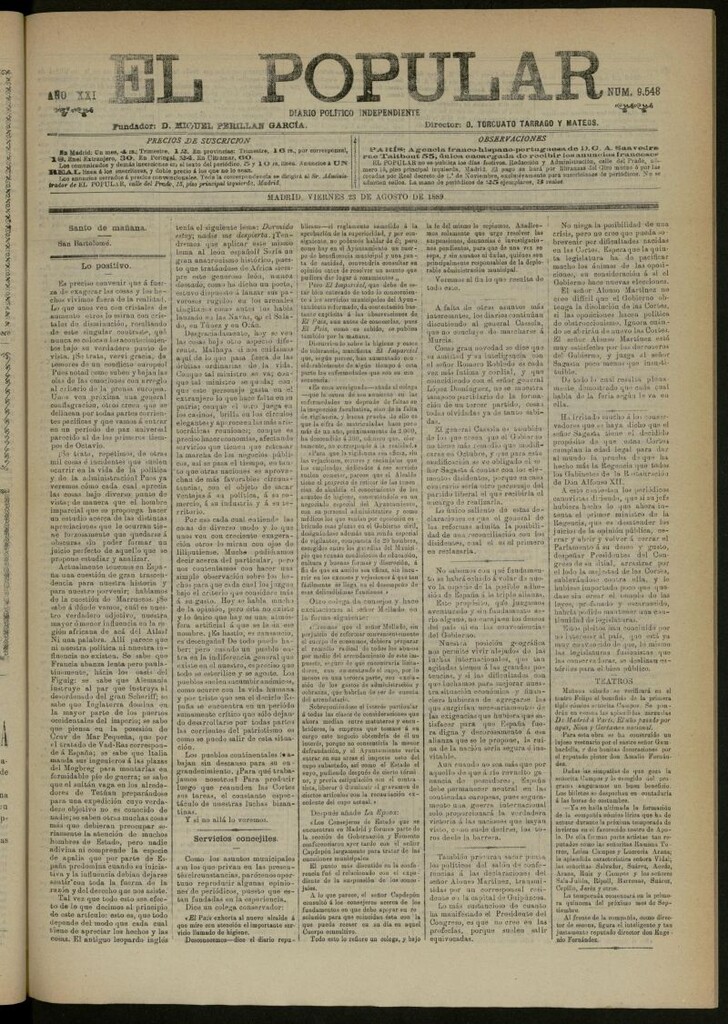 Miniatura de El Popular: diario independiente, político, literario y de noticias de interés general del 23 de agosto de 1889, nº 9548