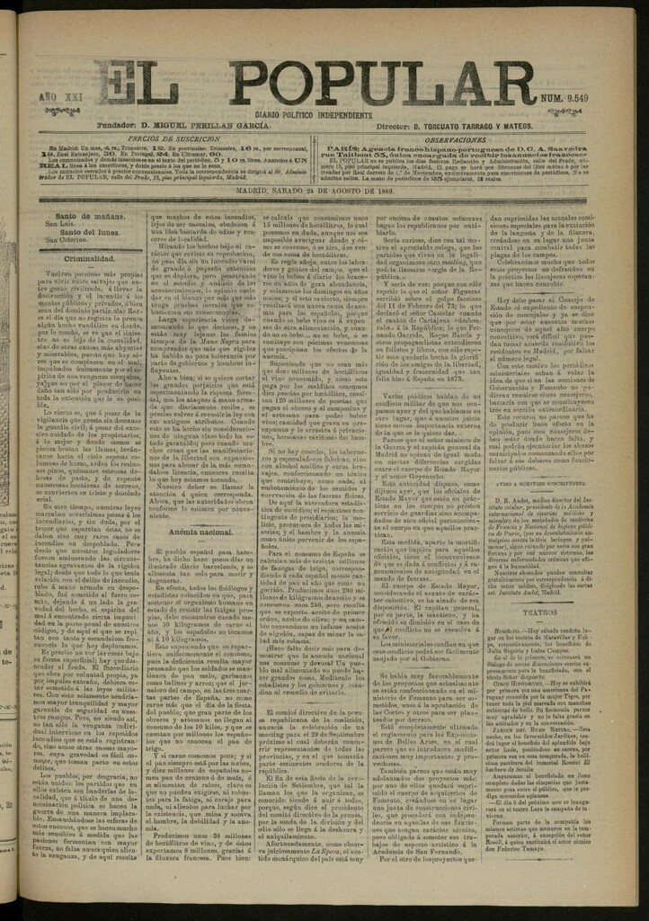 Miniatura de El Popular: diario independiente, político, literario y de noticias de interés general del 24 de agosto de 1889, nº 9549