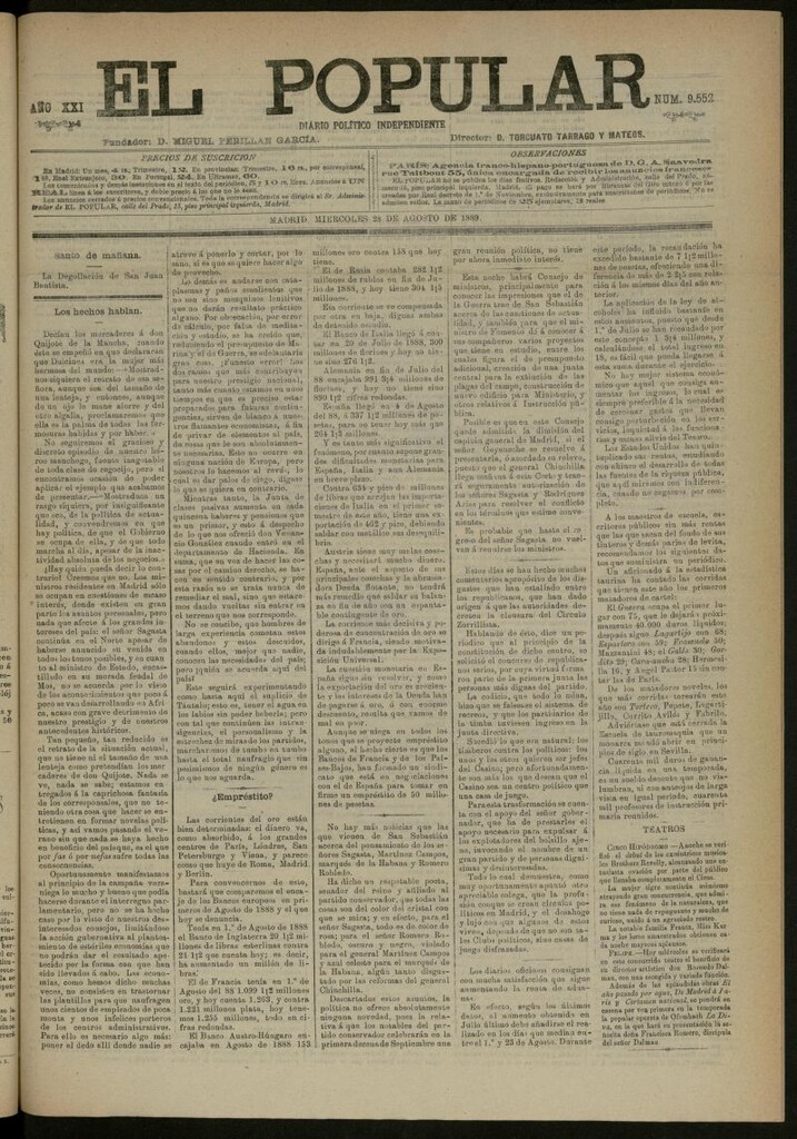 Miniatura de El Popular: diario independiente, político, literario y de noticias de interés general del 28 de agosto de 1889, nº 9552
