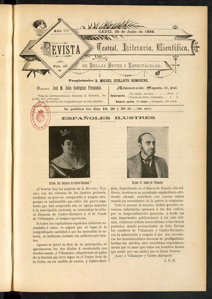Miniatura de Revista Teatral, Literaria, Científica, de Bellas Artes y Espectáculos. Nº 241