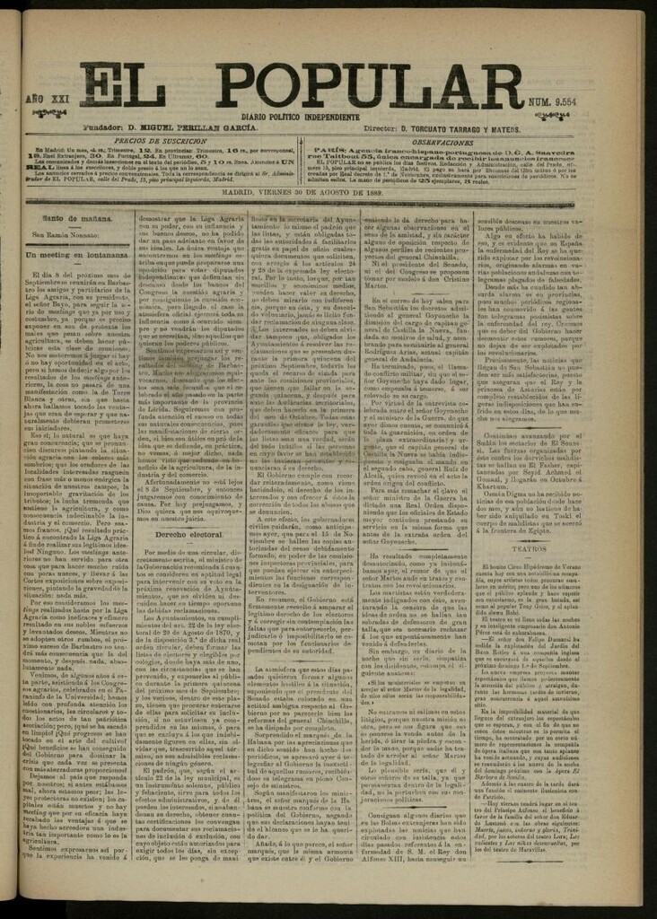 Miniatura de El Popular: diario independiente, político, literario y de noticias de interés general del 30 de agosto de 1889, nº 9554