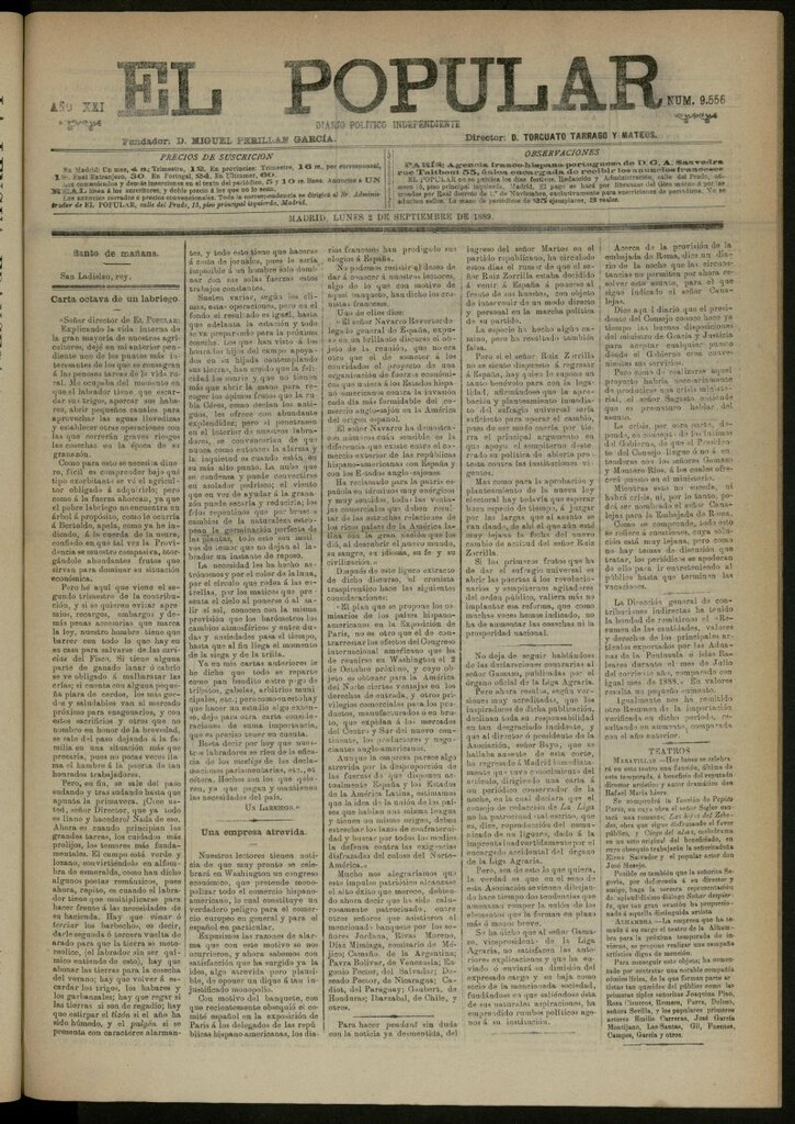 Miniatura de El Popular: diario independiente, político, literario y de noticias de interés general del 2 de septiembre de 1889, nº 9556