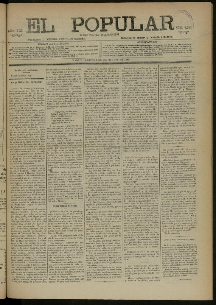 Miniatura de El Popular: diario independiente, político, literario y de noticias de interés general del 3 de septiembre de 1889, nº 9557