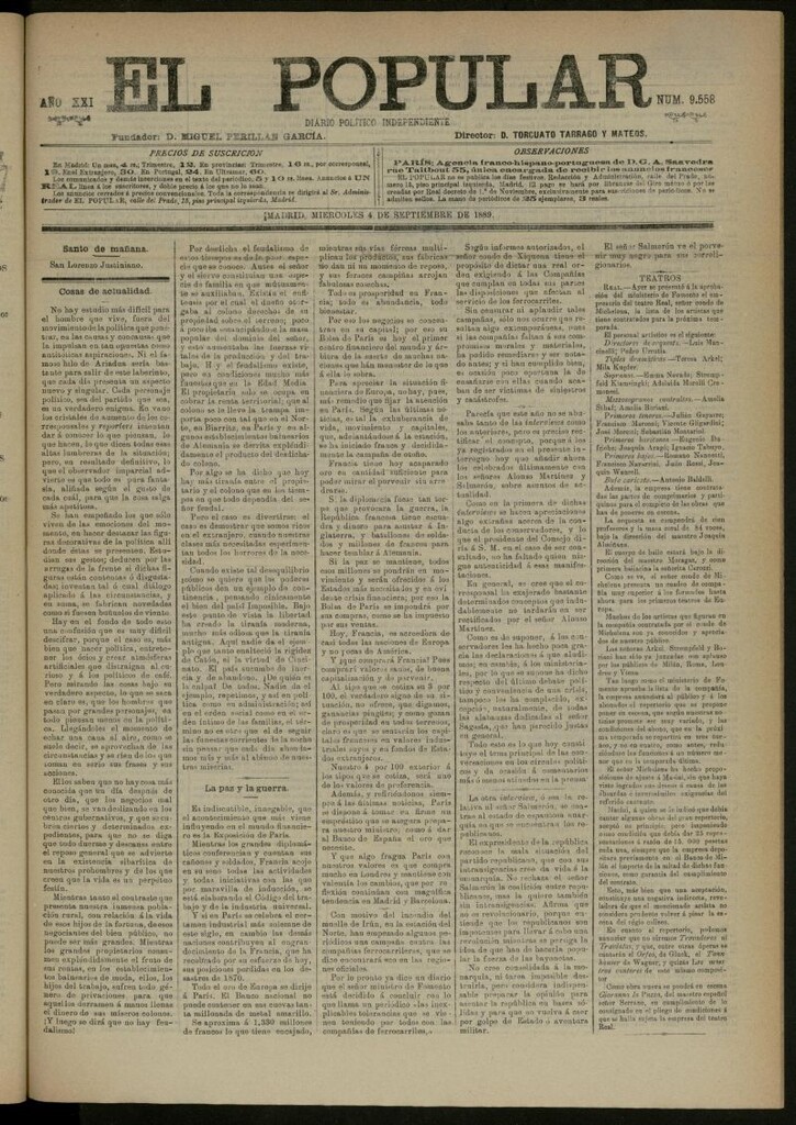 Miniatura de El Popular: diario independiente, político, literario y de noticias de interés general del 4 de septiembre de 1889, nº 9558