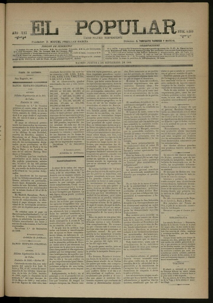 Miniatura de El Popular: diario independiente, político, literario y de noticias de interés general del 5 de septiembre de 1889, nº 9559