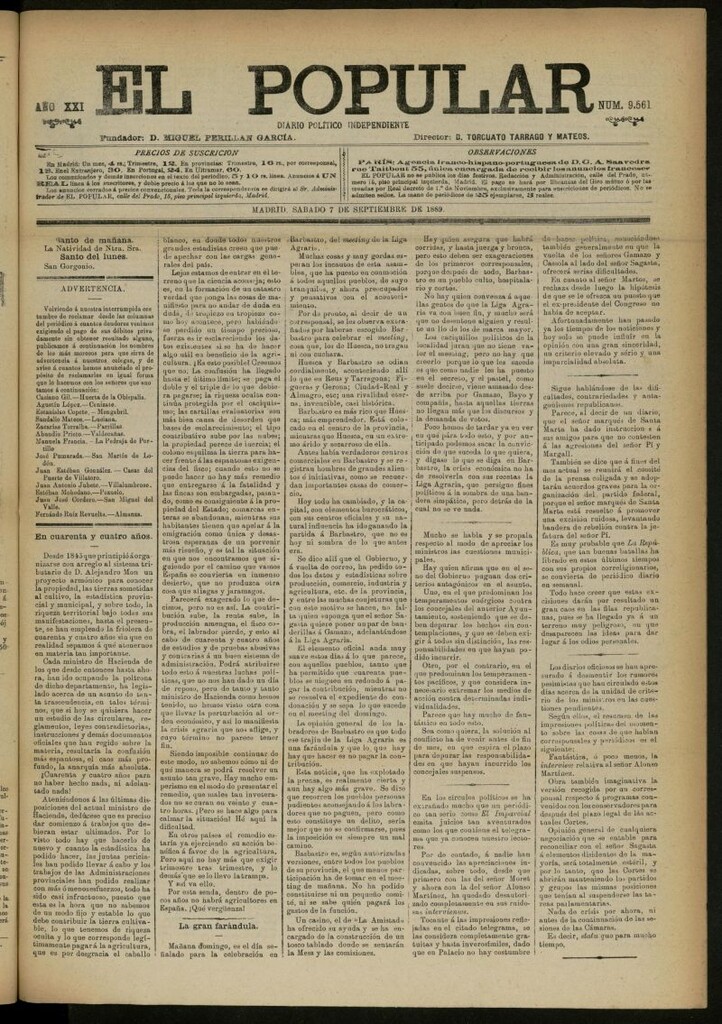 Miniatura de El Popular: diario independiente, político, literario y de noticias de interés general del 7 de septiembre de 1889, nº 9561
