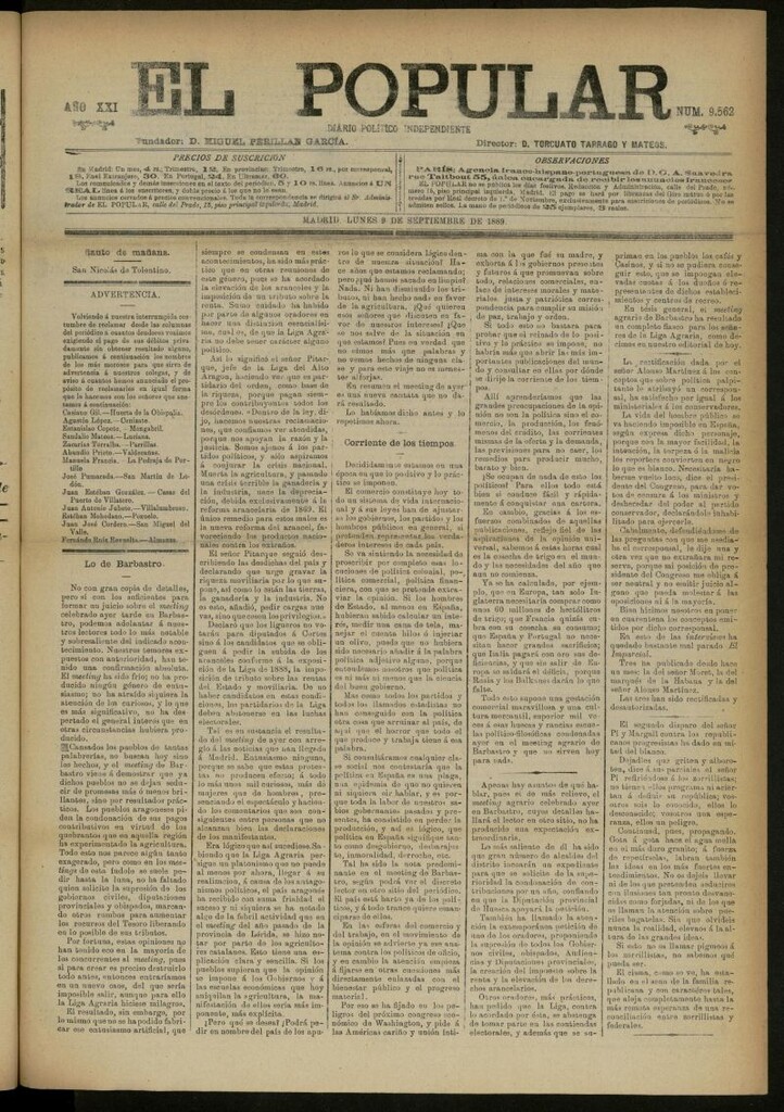 Miniatura de El Popular: diario independiente, político, literario y de noticias de interés general del 9 de septiembre de 1889, nº 9562